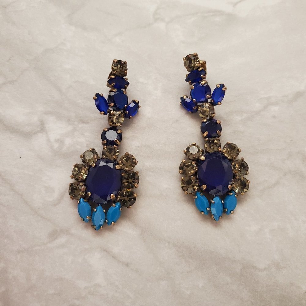 💖 J.Crew Blue Grey Rhinestones Crystals Cluster Statement Drop Dangle Earrings - Picture 1 of 9